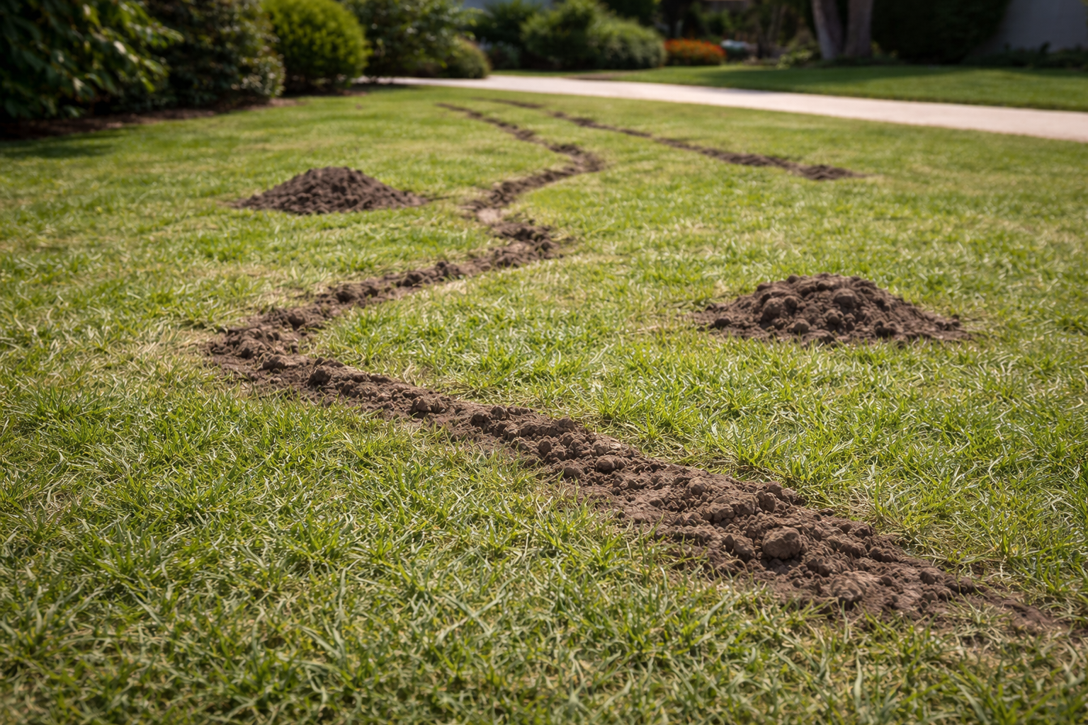 Mole tunnel damage in Southern California lawn